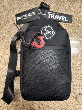 True Religion Black Crossbody Sling Bag with Red Logo Accent
